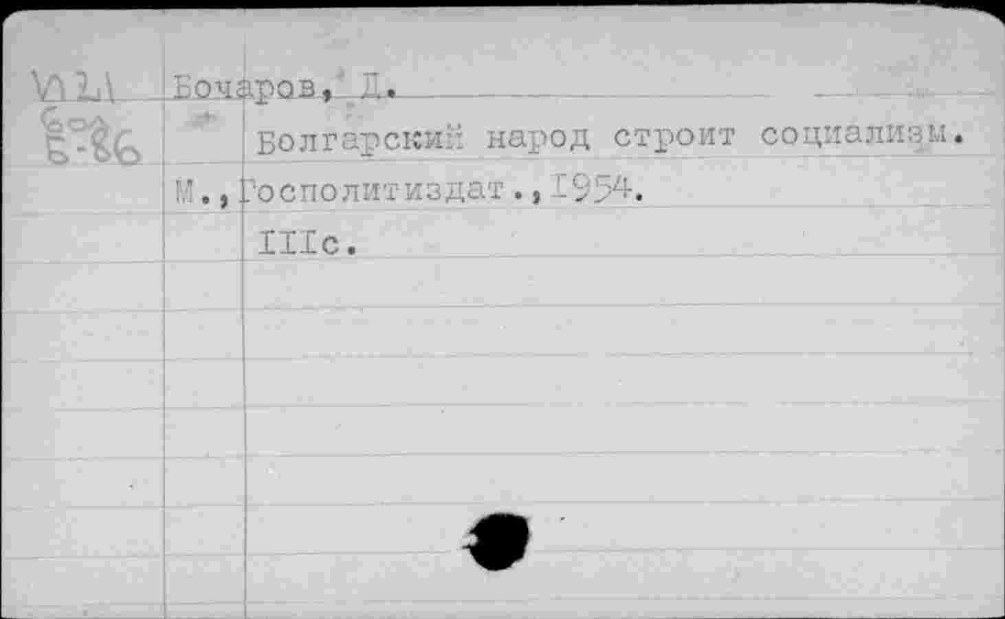 ﻿* УПД	Бочг	то в. л.		
	• ?	Болгарский народ строит социализм. ?осполитиздат., 1954.	
		Шс.	
			
			
			
			
			
			•
			